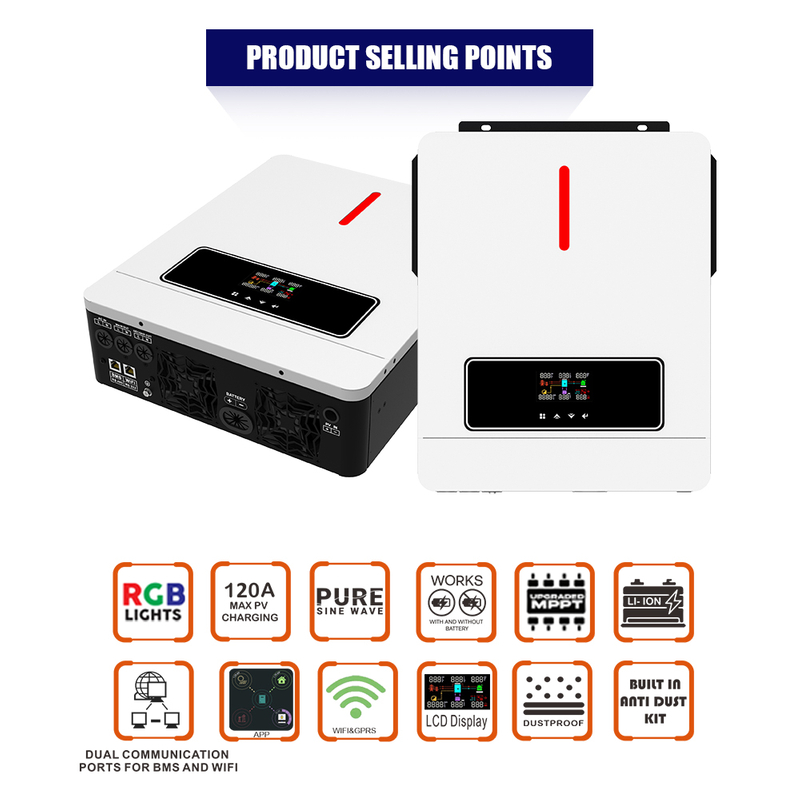  ECO 6.2KW On/off Grid Solar Inverter 60~500VDC 120A MPPT Regolatore di carica Doppie porte di comunicazione per comunicazione batteria e comunicazione Wi-Fi